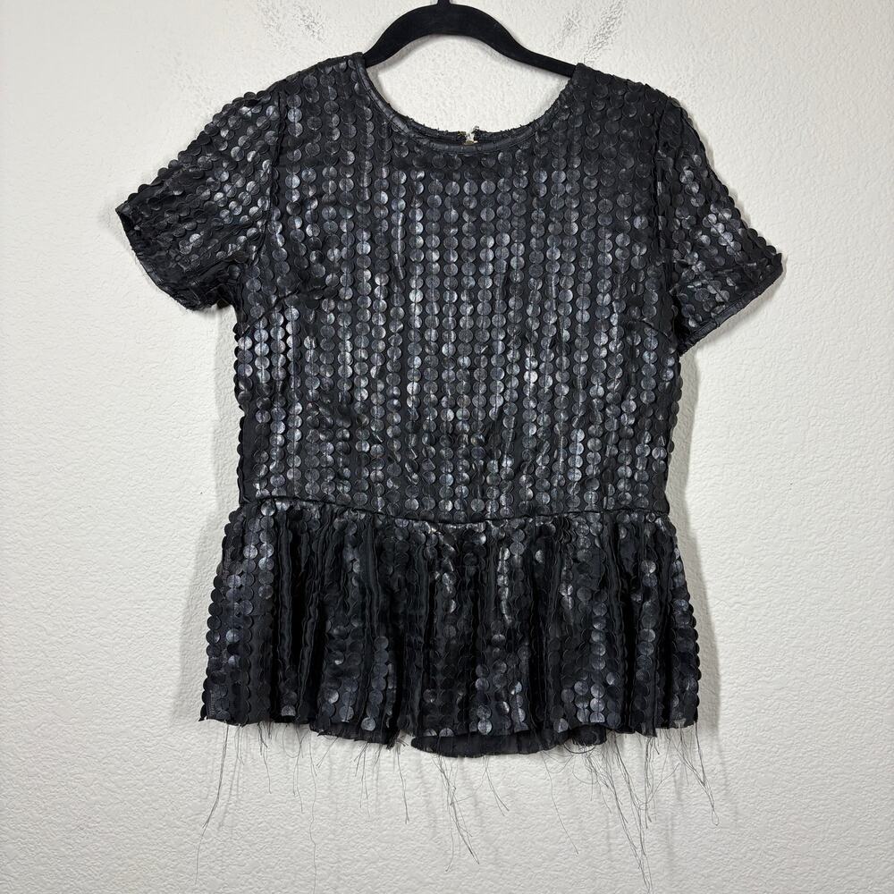 Isabel Lu Small Peplum Black Faux Leather Short Sleeve Blouse Career Classic